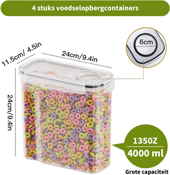 Een doorzichtige voorraadcontainer van 4000 ml / 1350 oz, gevuld met kleurrijke ontbijtgranen. Afmetingen 24cm x 11.5cm x 24cm. Inclusief details van deksel (6cm).