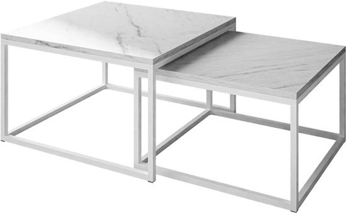 lukmebel YOSHI LEVANTO Twee-In-Een Salontafel Set Van Twee Tafels Mat Metalen Onderstel Vierkant Werkblad 60x60x40 70x70x46 Wit Marmer