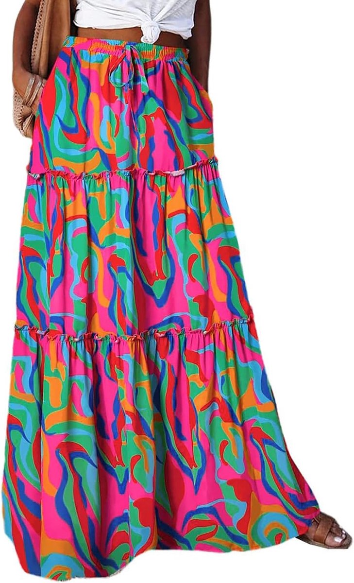 Maxirok voor dames, lang, elegant, boho, casual, midi-rok, A-lijn, effen, zomerrok, rok met zakken, elastische hoge taille, strandrok, vrijetijdsrok
