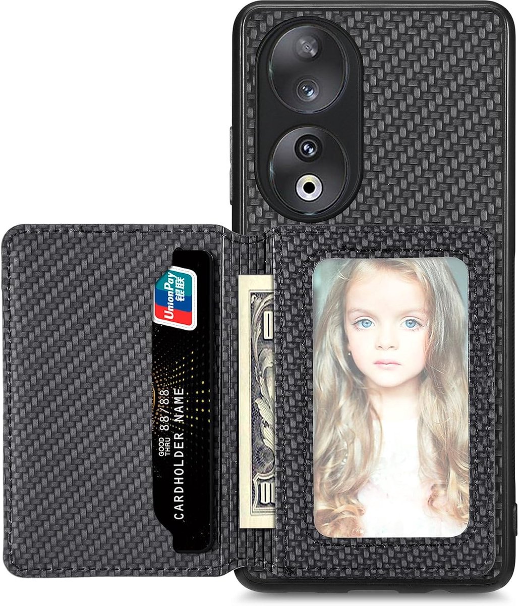 Hoesje voor Honor 90 5G, ultradun klaphoesje met kaartsleuf, TPU-telefoonhoes, multifunctionele hoes met RFID-blokkering, zwart