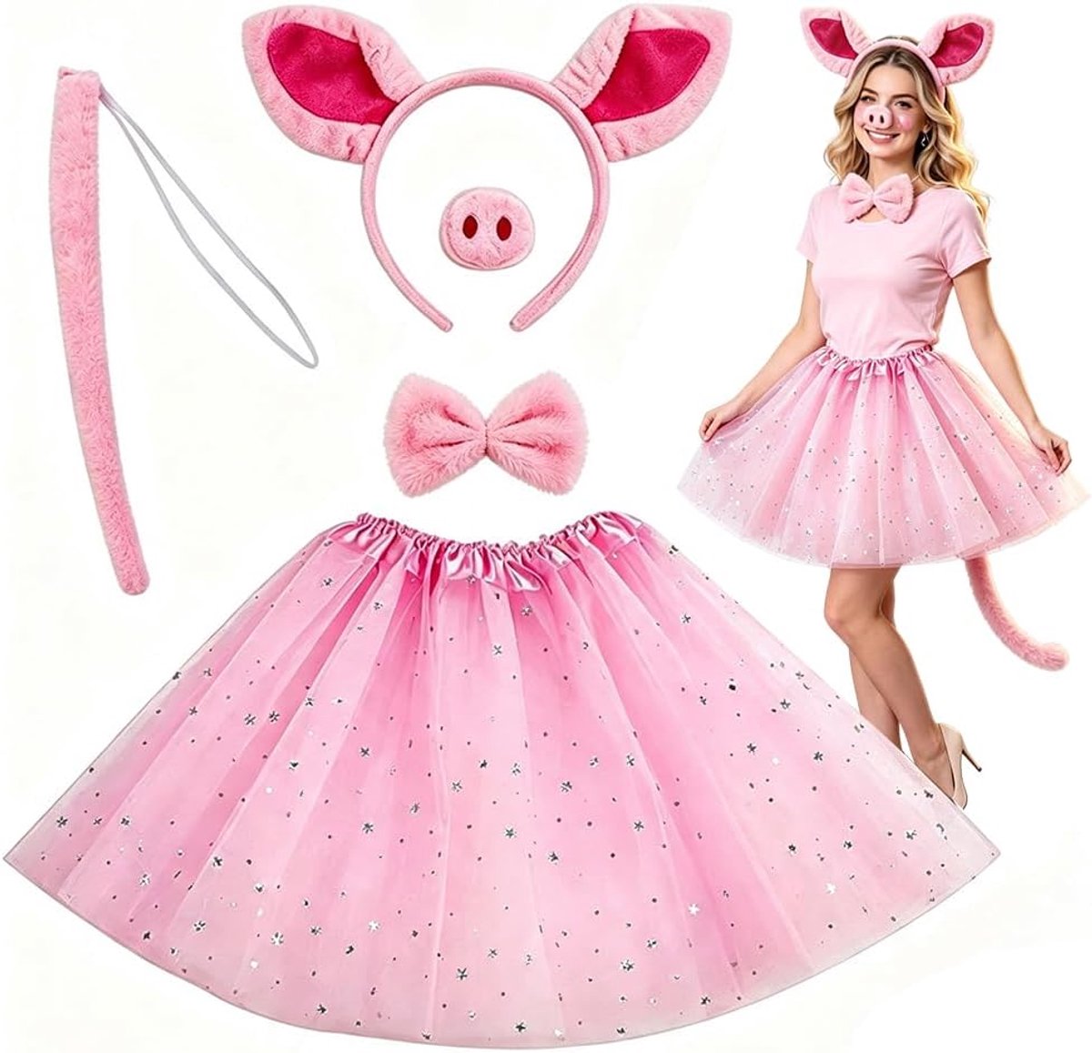 Roze varkenkostuum, schattig en charmant, ideaal voor Halloween, carnaval of kostuumfeesten, 5-delig
