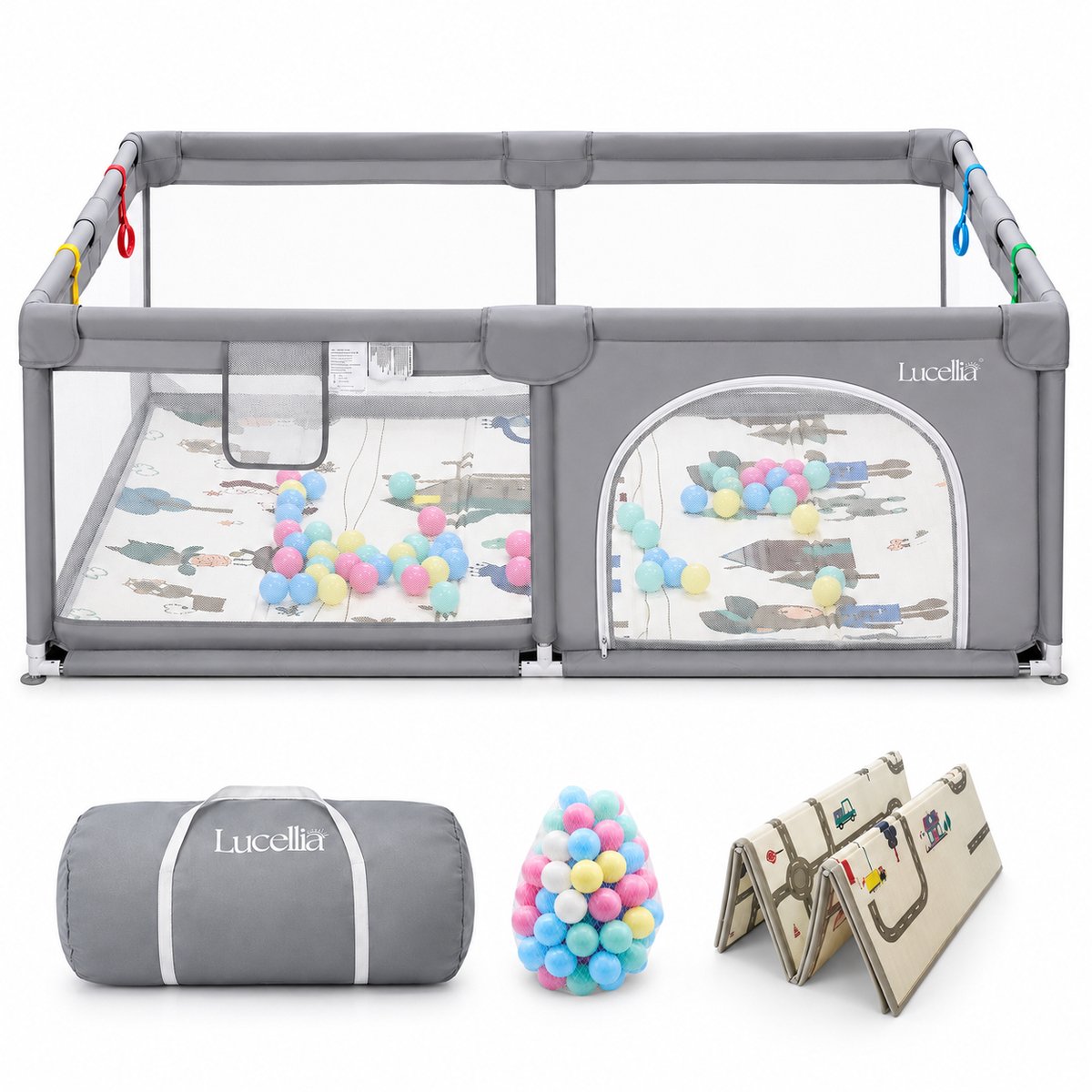 Lucellia® Grondbox Baby 120x160 cm – Speelbox met Dubbelzijdige Speelmat & 30 Speelballen – Kinderbox, Playpen & Baby Box – Draagtas – Licht Grijs