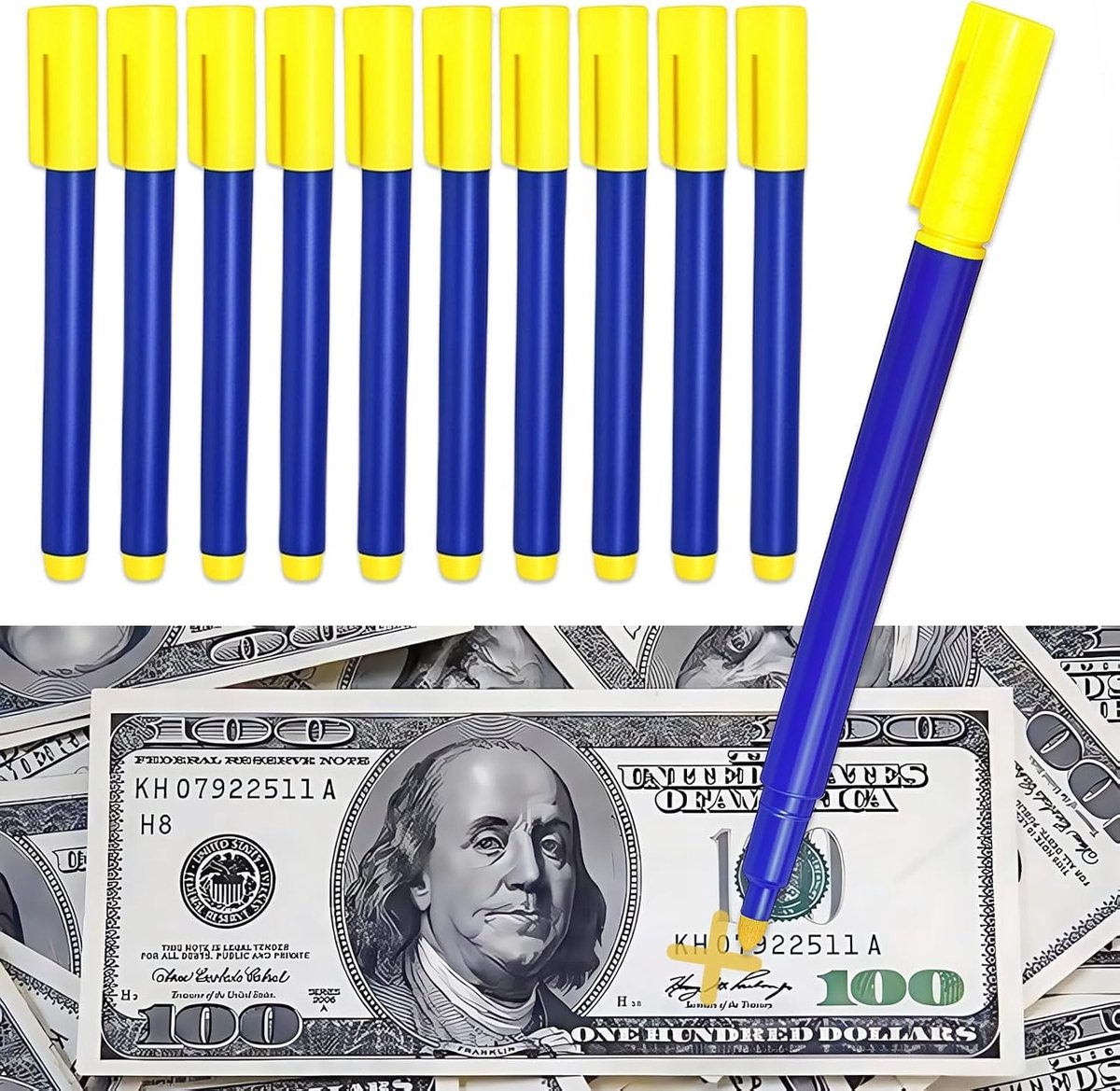 10 Stuks Bankbiljet Controle Pen, 133 x 12mm Pen voor Valse Bankbiljetten, Detectie en Zoekfunctie voor USD, Euro, Pond en Yen