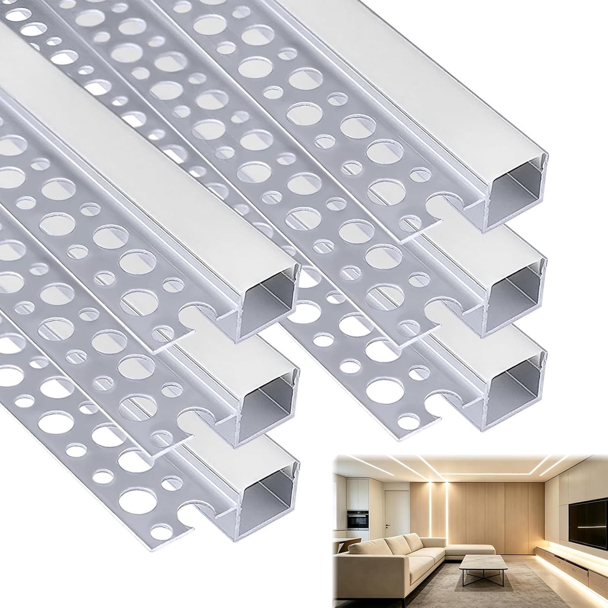 6 stuks led-droogbouwprofiel, 1 m, aluminium kanaal met melkachtige afdekking, ledstrip-diffuser voor onderbouw, plank, muur, tafel, plafond en hoeken, zeer eenvoudige installatie