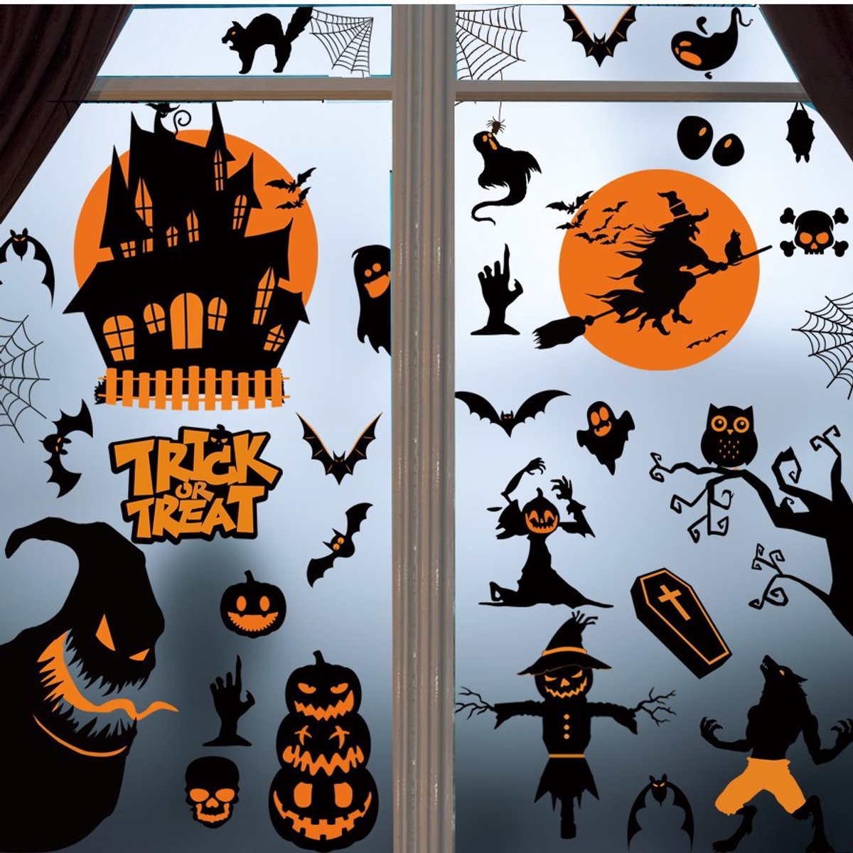 KZQ Halloween raamstickers - Halloween decoraties - Spooky Halloween stickers - 98 stuks - Decoratieve stickers voor ramen, glazen deuren en muren.