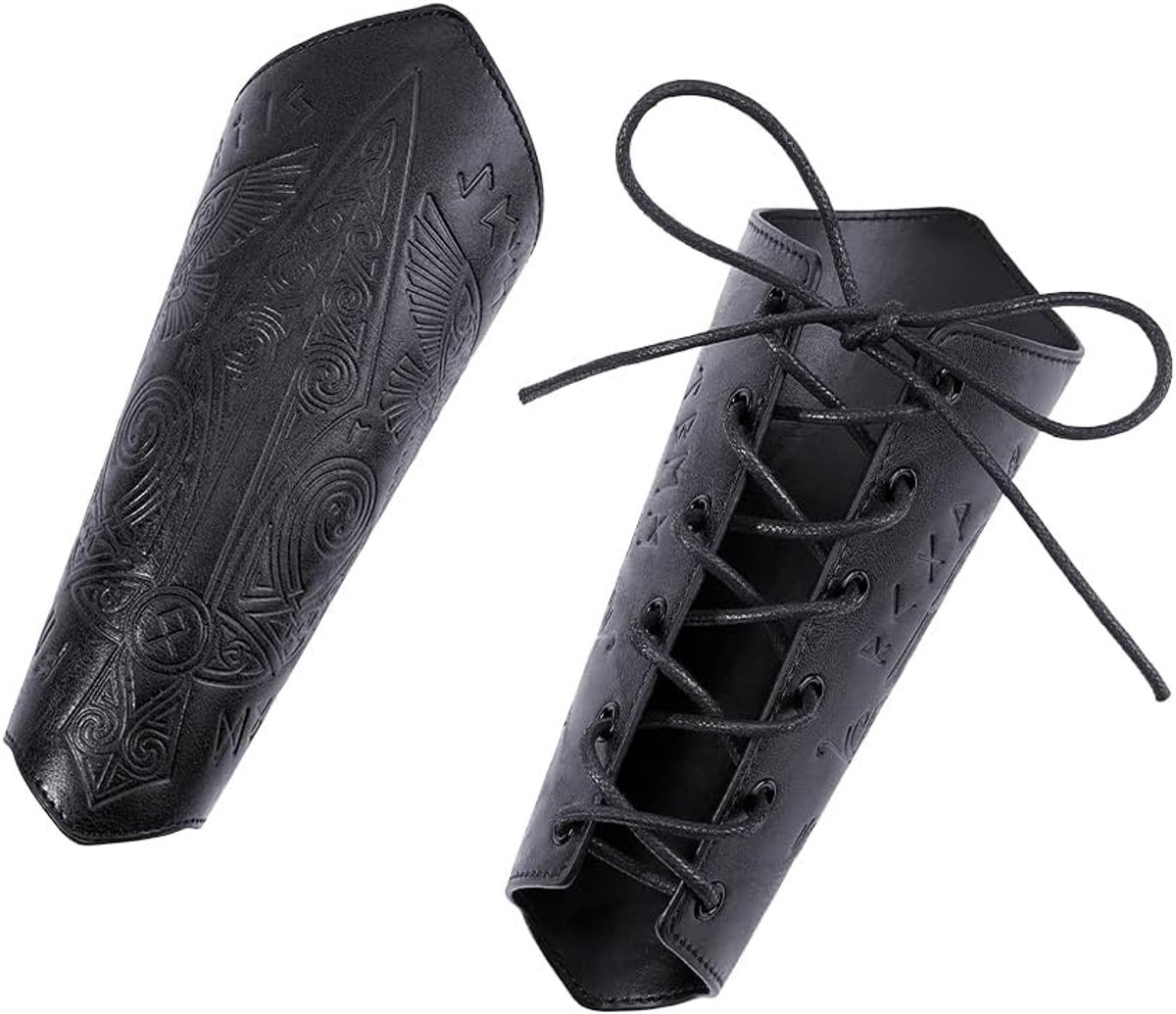 2 stuks middeleeuwse armbanden van leer, zwaard, gegraveerd, Vikingarmband, van leer, zwart, armbescherming, cosplay-accessoires, polsband voor historische reconstructies, kostuums
