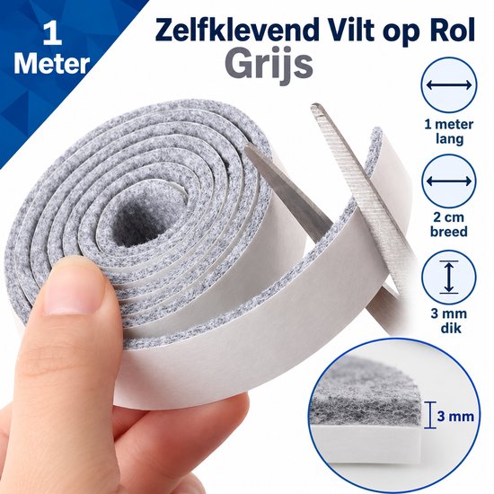Grijze zelfklevende viltrrol van 1 meter lang, 2 cm breed en 3 mm dik.
