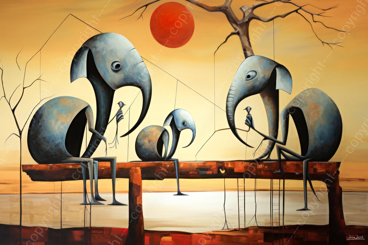 John Joseb Art (Aluminium) 120x80 | Olifanten op een bank, abstract surrealisme, Salvador Dali stijl, kunst | dier, ondergaande zon, grijs, bruin, rood, modern | foto-schilderij op dibond, metaal wanddecoratie