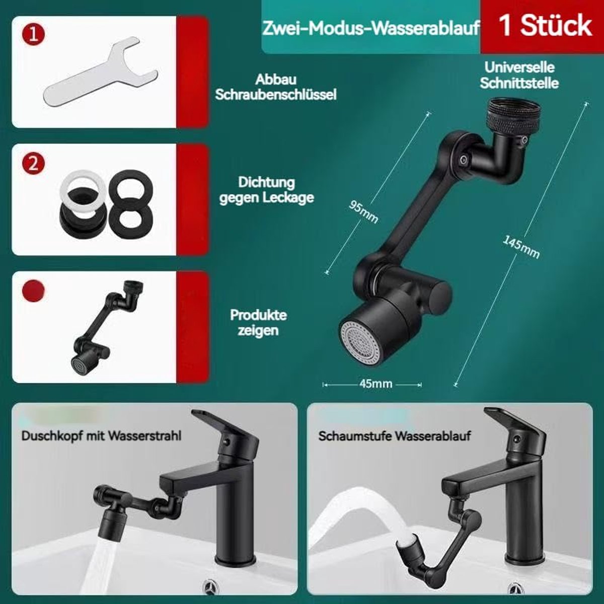 Kraanaccessoires, 1440 graden draaibare multifunctionele verlengklep, waterbesparend, twee verschillende waterstroommodi, geschikt voor keuken/badkamer (zwart)