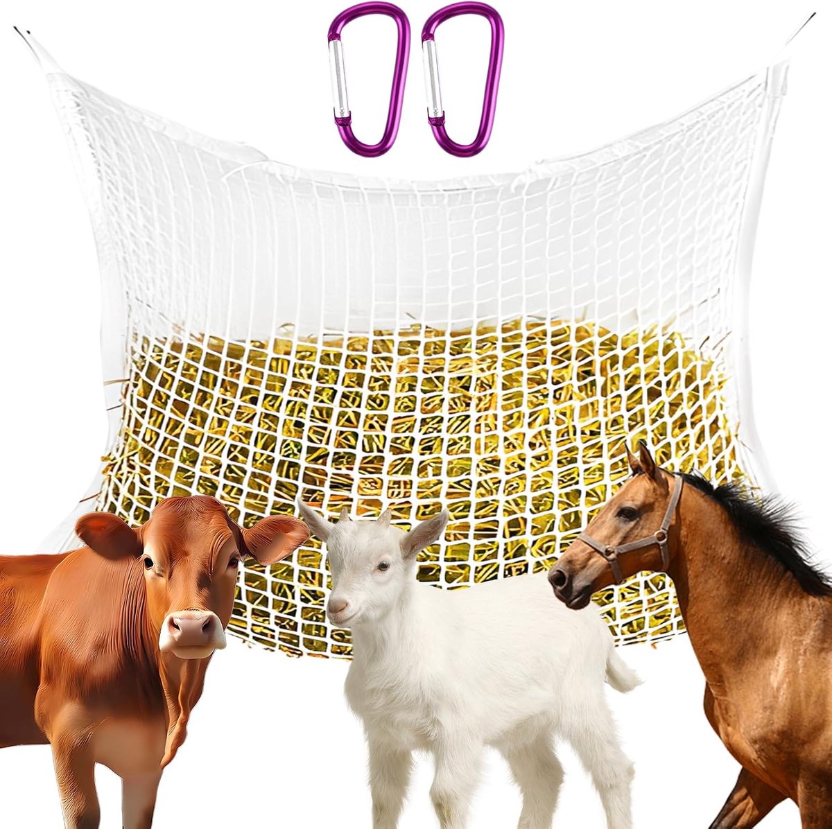 rechthoekig, 100 x 160 cm, fijnmazig met 2 klikhaken, duurzaam en scheurvast, wit hooinet voor paarden, geiten, voeden