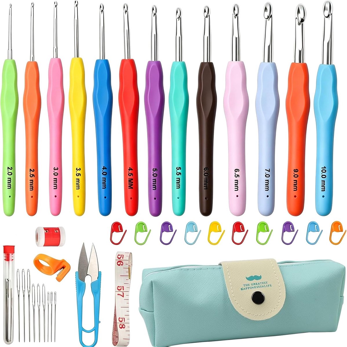 Haaknaaldenset 54 stuks, 14 maten haakset van 2-10 mm zachte rubberen haken Crochet set met ergonomisch handvat haakaccessoires haaktas voor beginners en ervaren haakliefhebbers cadeau