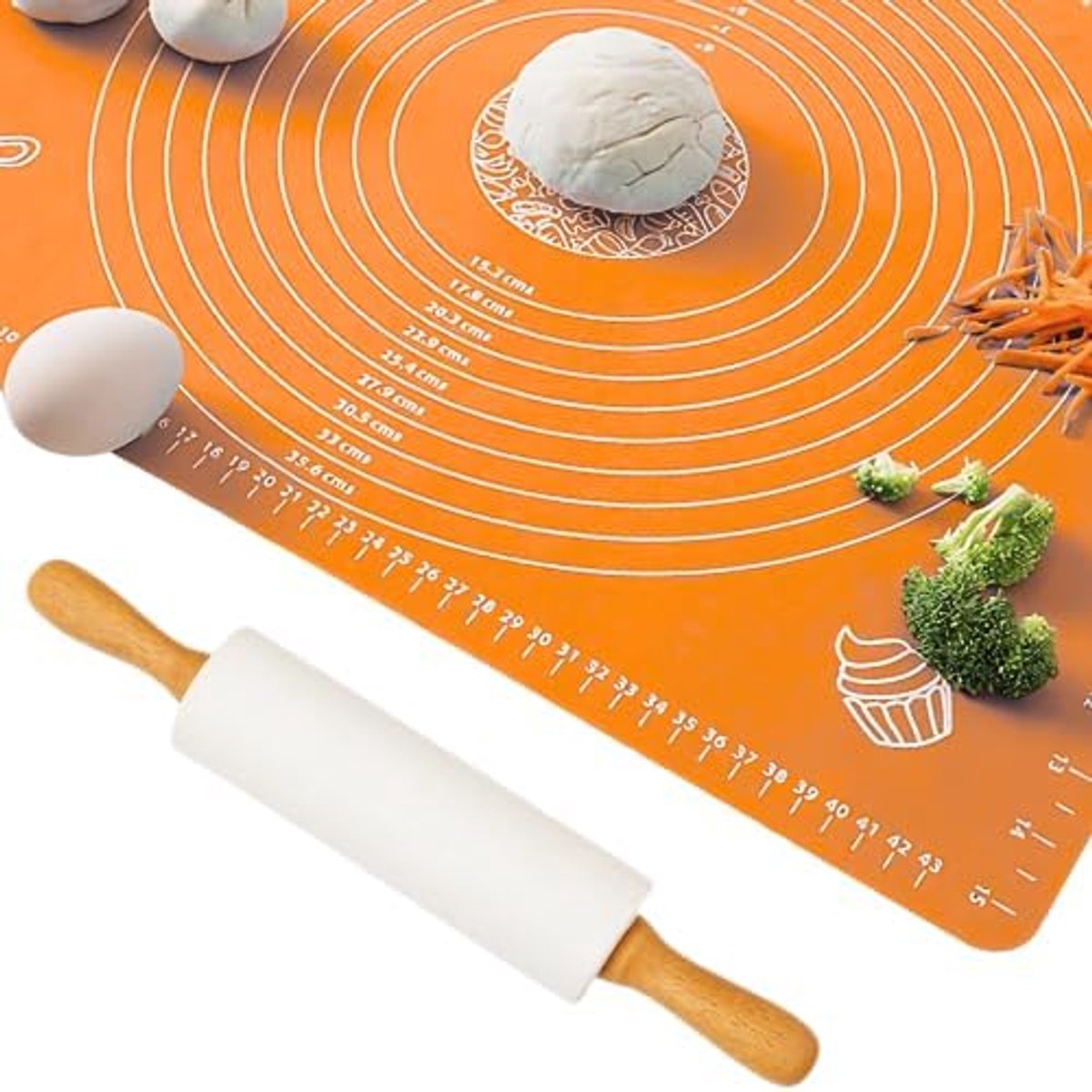 Deegroller met bakmat, bakgerei, siliconen gecoat | Antiaanbak deegroller siliconen bakaccessoires met houten handvat voor pizza, pastadeeg, koekjes, cake, gebak (oranje (L) 43 cm)