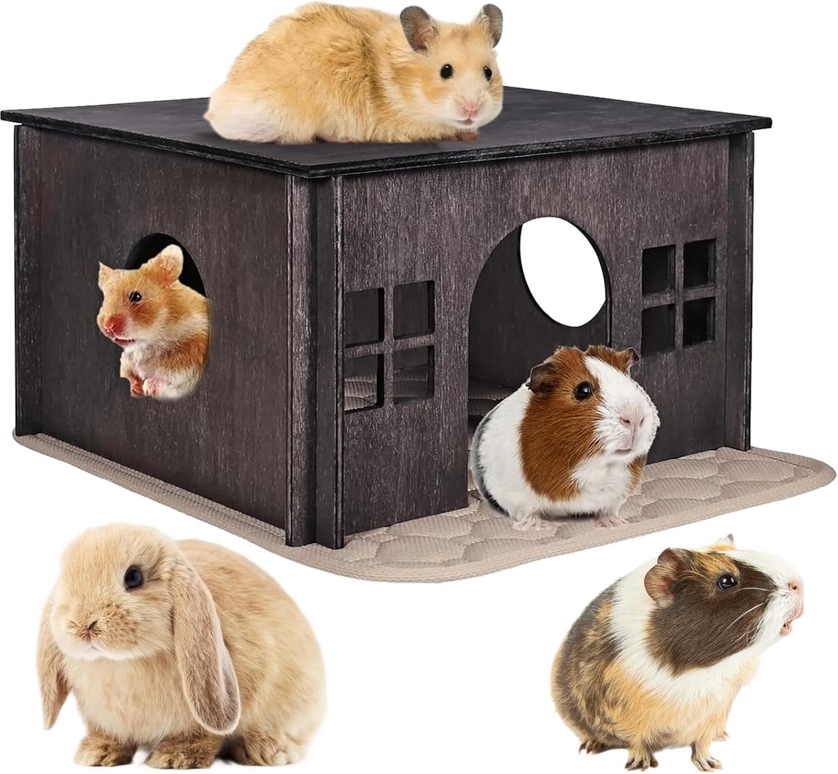 Caviahuis met ramen, grote geventileerde schuilplaats voor cavia's, hamsterschuilplaats, natuurlijk houten verblijf voor chinchilla's, muizen, gerbils, klein dierenhuis met kauwspeelgoed