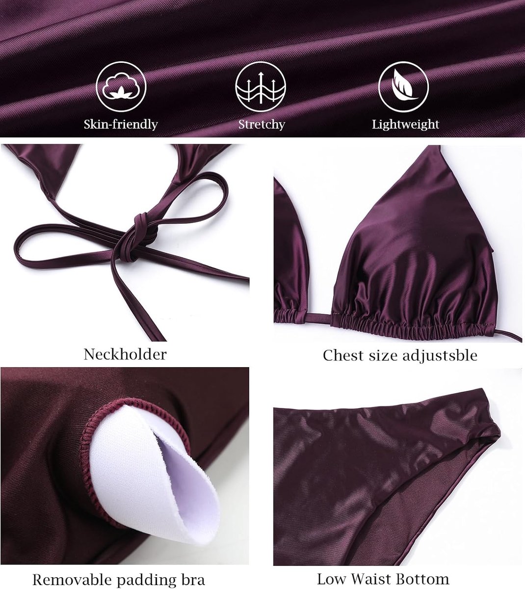 Bikiniset voor dames, driehoekig, haltertop, lage taille, bikini, badmode, fijne, zachte olieglanzende stof met cups, tweedelig badpak