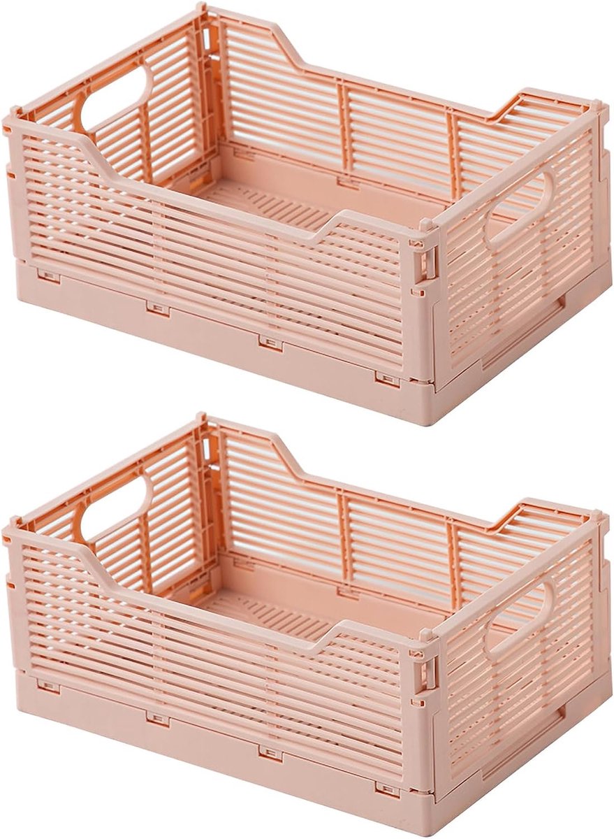 2 stuks opvouwbare opbergkratten stapelbare opvouwbare kratten opbergdozen plastic opvouwbare manden voor kantoor thuis (roze, 30 x 20 x 12 cm)