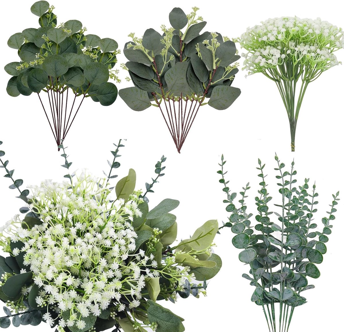 100 Stuks Gemengde Kunstmatige Eucalyptus en Gypsophila Kunstbloemenset voor Decoratie en DIY-Projecten