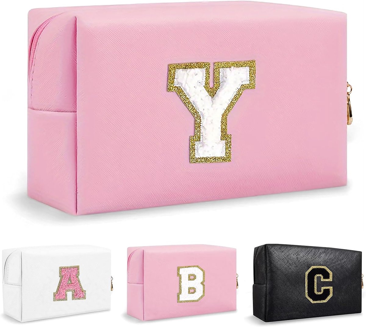 gepersonaliseerde make-uptas met beginbrief, schattige waterdichte PU-lederen chenillebrief cosmetische tas reizen make-up tas, preppy make-up zakje toilettas rits zakje organizer voor