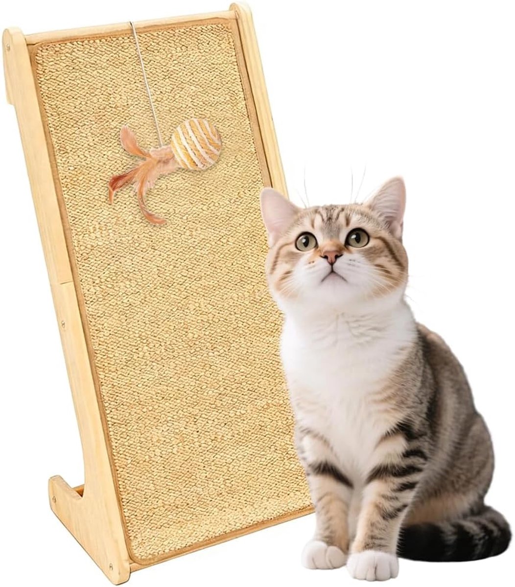 Krabplank voor katten, 69 cm hoge L-vormige sisal krabpaal met kattenspeelgoedbal, krabpads voor katten, natuurlijke sisal krabpaal met helling, kattenkrabplank voor muur en hoek