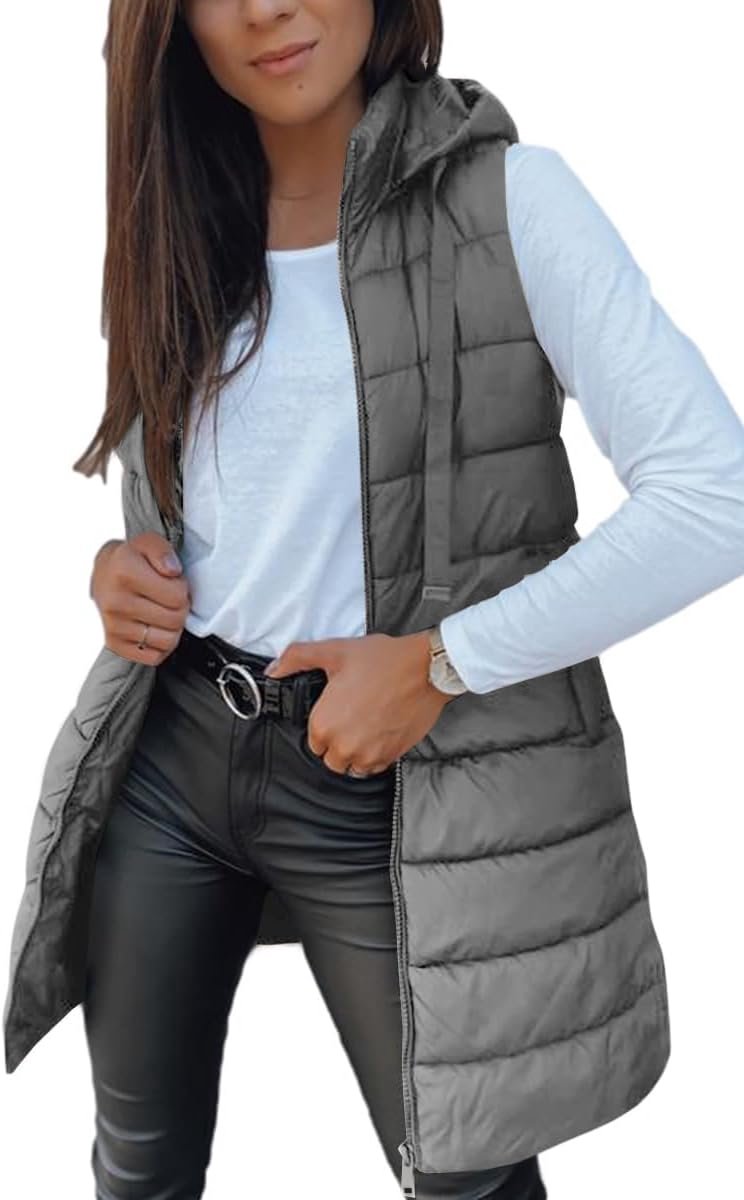 Bela Gewatteerd vest voor dames, lang licht vest met capuchon, mouwloos, winterjas, warm overgangsvest