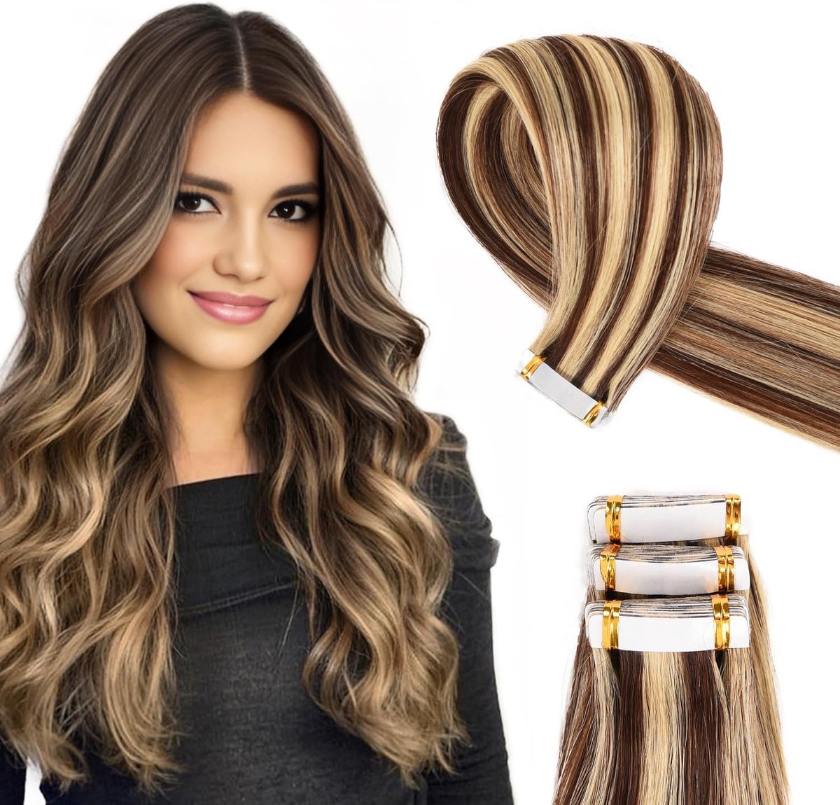 Tape In Extensions Menselijk haar, 20 stuks, 50g, 55cm, Medium Brown Mix Lichtbruin, Echt haar, Onzichtbare Tape Extensions, #P4/27