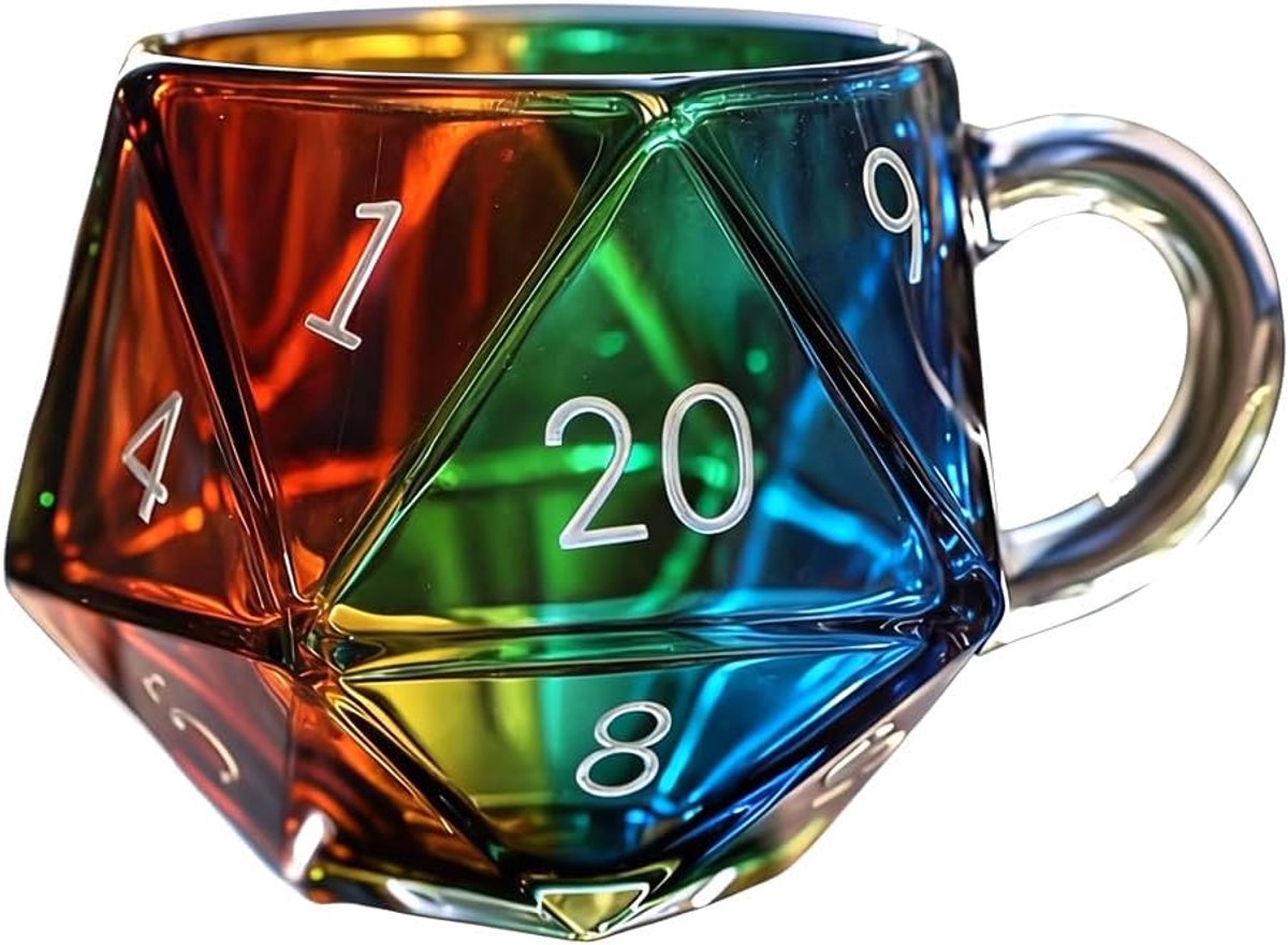 Dobbelstenen koffiemok met handvat, 400 ml, regenboogglas, D20 kubusbeker, grappige drinkglazen voor mannen en vrouwen, fantasie-liefhebbers, cadeau voor gameliefhebbers