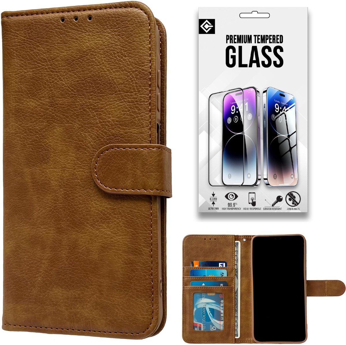 Casemania Hoesje en Glas Geschikt voor Apple iPhone 18 Pro - Bruin - Luxe Portemonnee Book Case met Pasjeshouder - Wallet Case Telefoonhoesje - 1x Tempered Glazen Screenprotector
