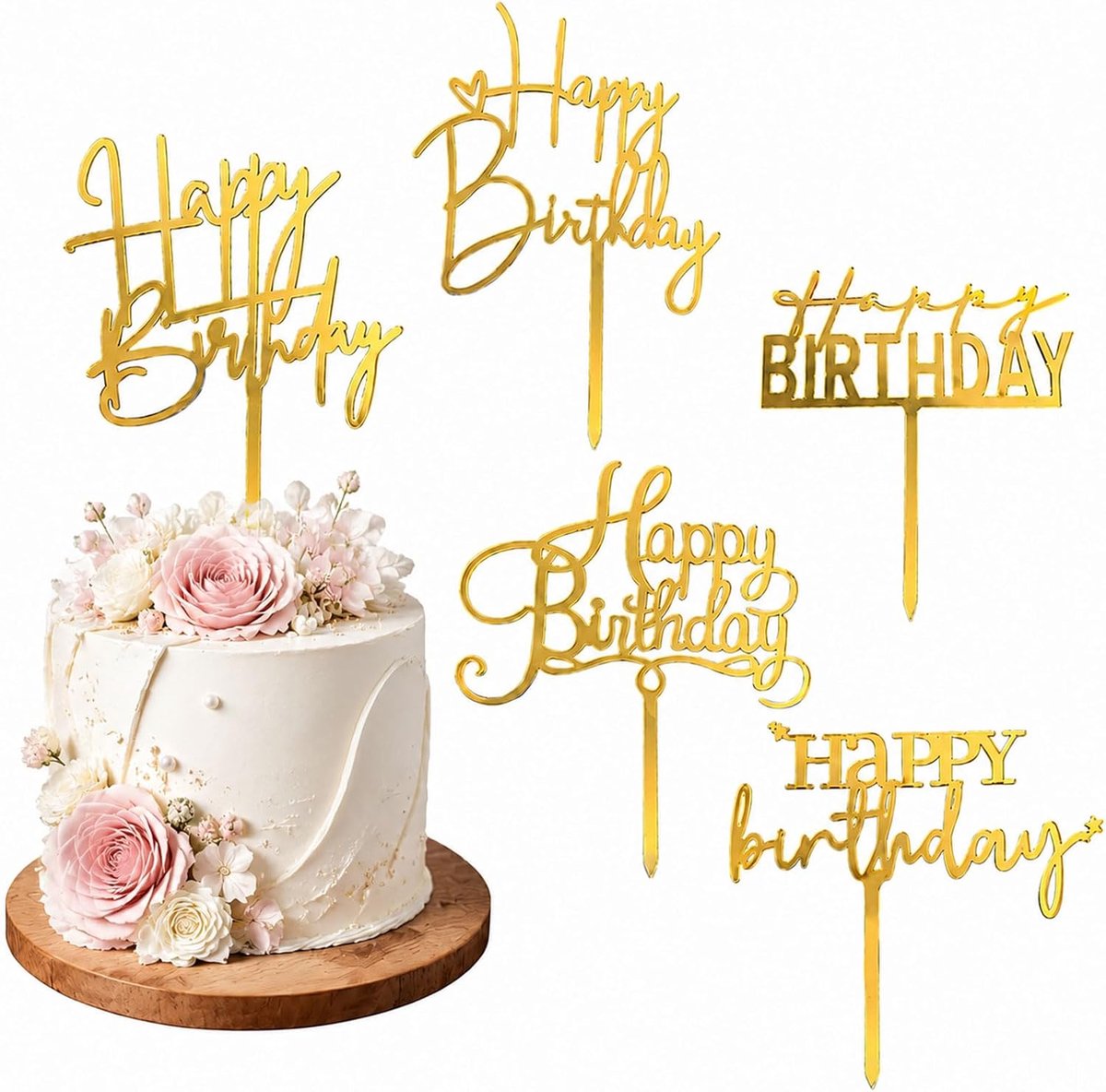 5 gouden Happy Birthday taartversieringen, acryl-cupcakeversieringen