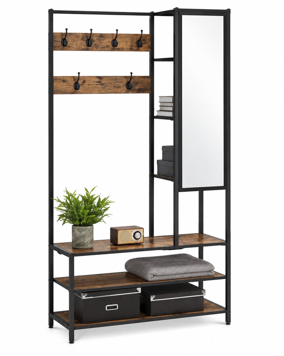 VILIMA - Garderobekast - Halkast - Kapstok met schoenenrek - Spiegel - Industrieel design - 35x98x182 cm - Houtlook - zwart staal
