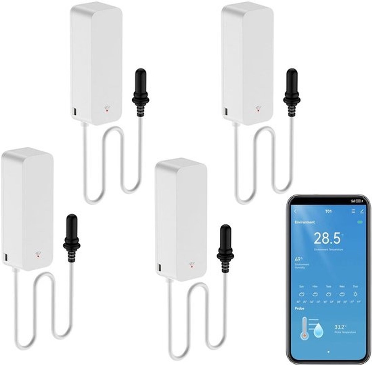 Wifi Thermometer en Hygrometer met Interne en Externe Sensor voor Aquarium, Babykamer en Koelkast (4 Stuks)