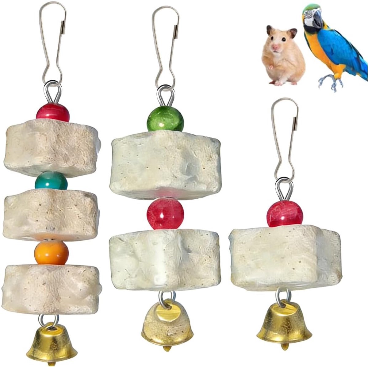 3 stuks gemalen steen met klokken en papegaaienspeelgoed, kauwspeelgoed voor huisdieren, exotische vogelaccessoires voor mentale stimulatie en gezonde snavel (3 stijlen)