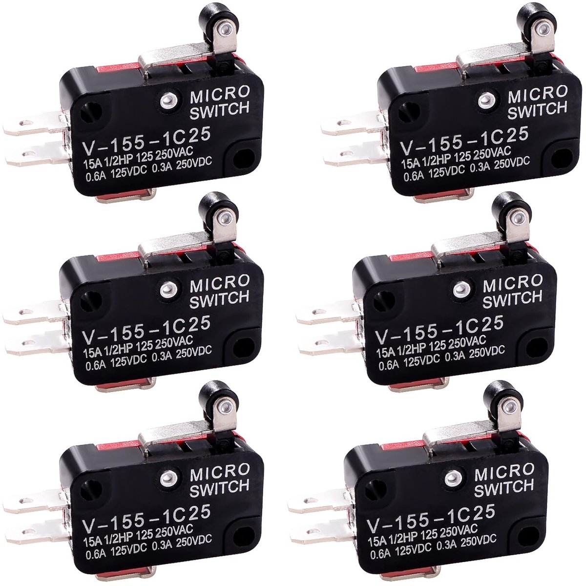 6 Stuks V-155-1C25 Micro-Eindschakelaar, 125V/250V 15A SPDT 1 NO 1 NC Snap Action-Schakelaar, voor Nagnetrondeur Arcade Cherry Drukknop