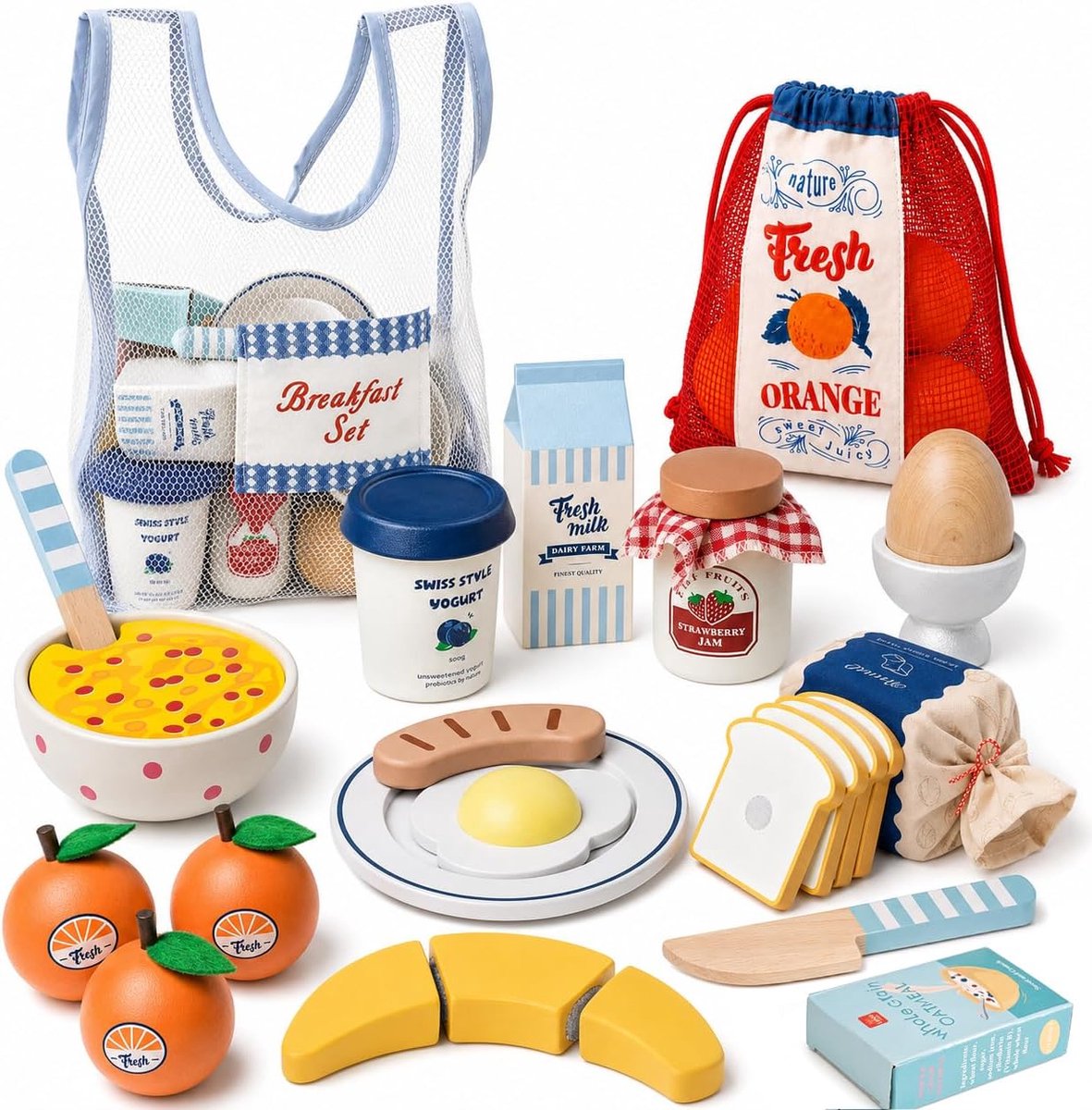 Castle Montessori Educatief speelgoed, ontbijt speelset voor kinderen jaar, houten speelkeuken accessoires, rollenspel, keukenset kinderkeuken accessoires met pannenkoeken, eieren, toast