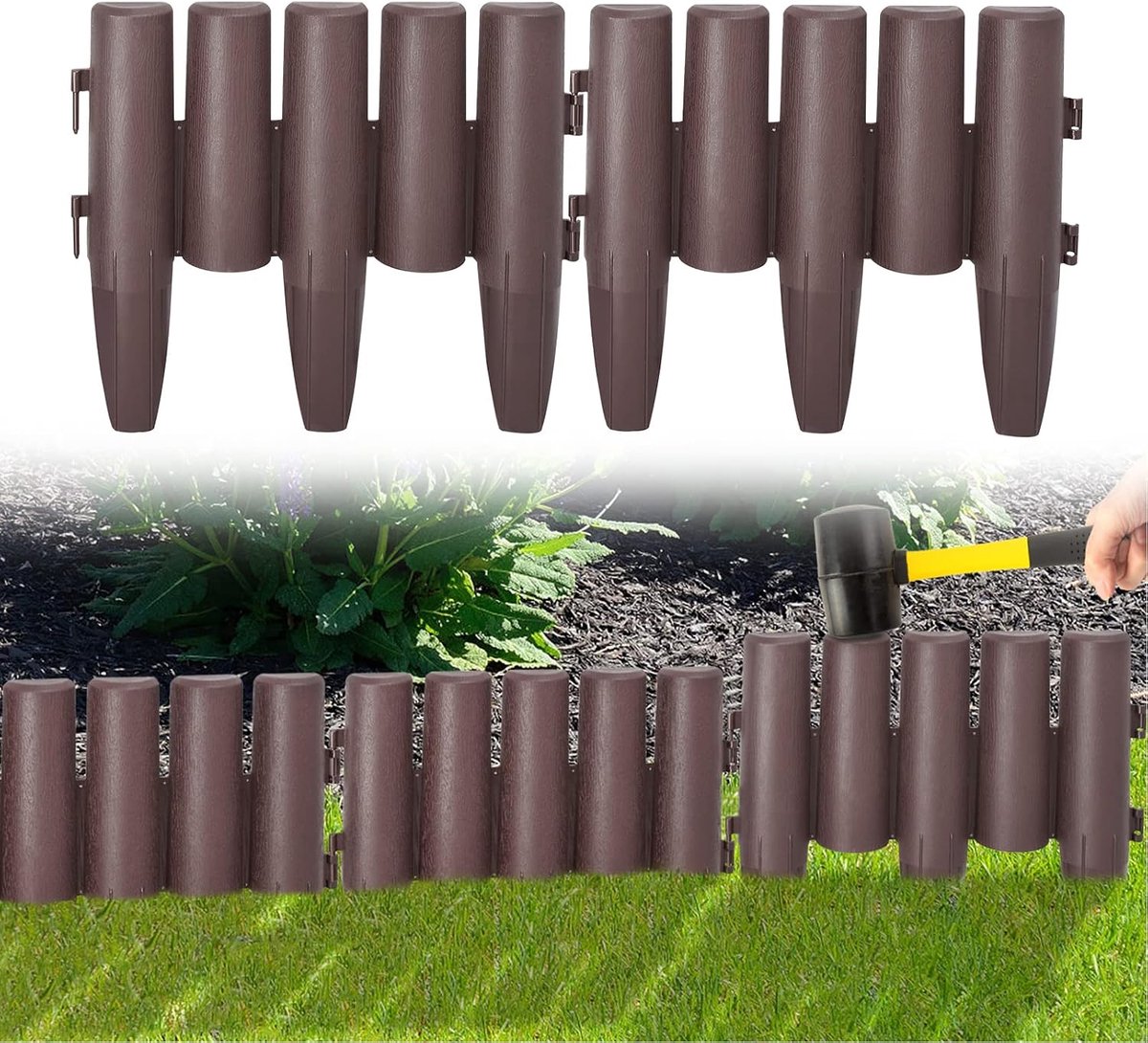 Randbegrenzing kunststof 5,6 m, Tuinomranding houten uiterlijk, gazonrand, weerbestendig, Tuinpalissade, 1 Element (L x H): 28 x 24cm, Bruin