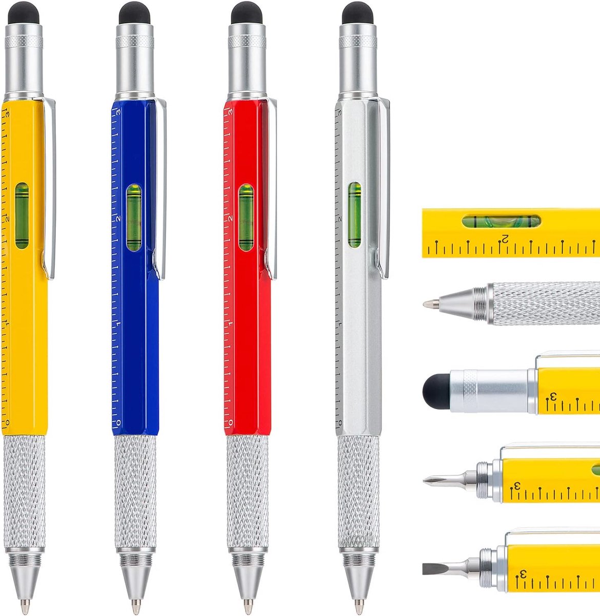4 stuks multitool pen met extra vullingen, 6-in-1 multifunctionele metalen balpen met liniaal en niveaumeter, coole gadget voor mannen, cadeau voor echtgenoot Papa Vader (Diverse kleuren)