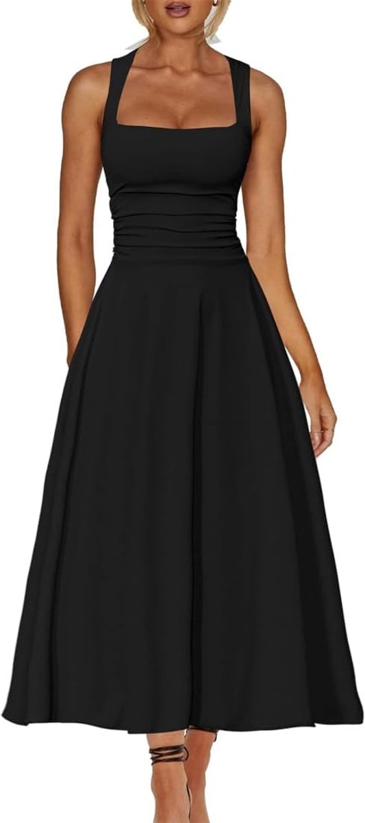 Cocktailjurk voor dames, elegante mouwloze maxi-jurk, vierkante hals, feestelijke jurk, avondjurk, vintage, A-lijn, swing, vrijetijdsjurk, lang, bruiloft, partyjurk, baljurk, zomerjurk