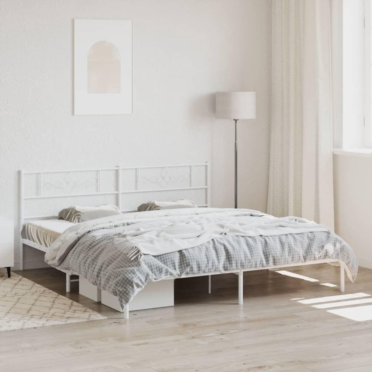 Bedframe met hoofdeinde, metaal, wit, 200 x 200 cm, bedframe voor slaapkamer, hotel, bedframe voor woonkamer, slaapkamer