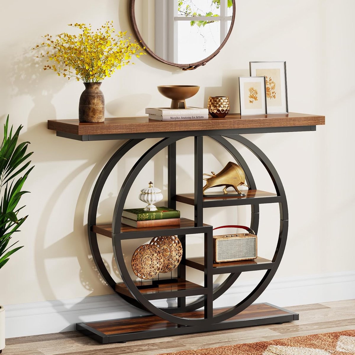 Consoletafel, 105 cm industriële 6-laags sofatafel, ingangstafel met cirkelbasis, smalle houten accenttafels met opbergplanken voor woonkamer, hal, foyer, rustiek bruin