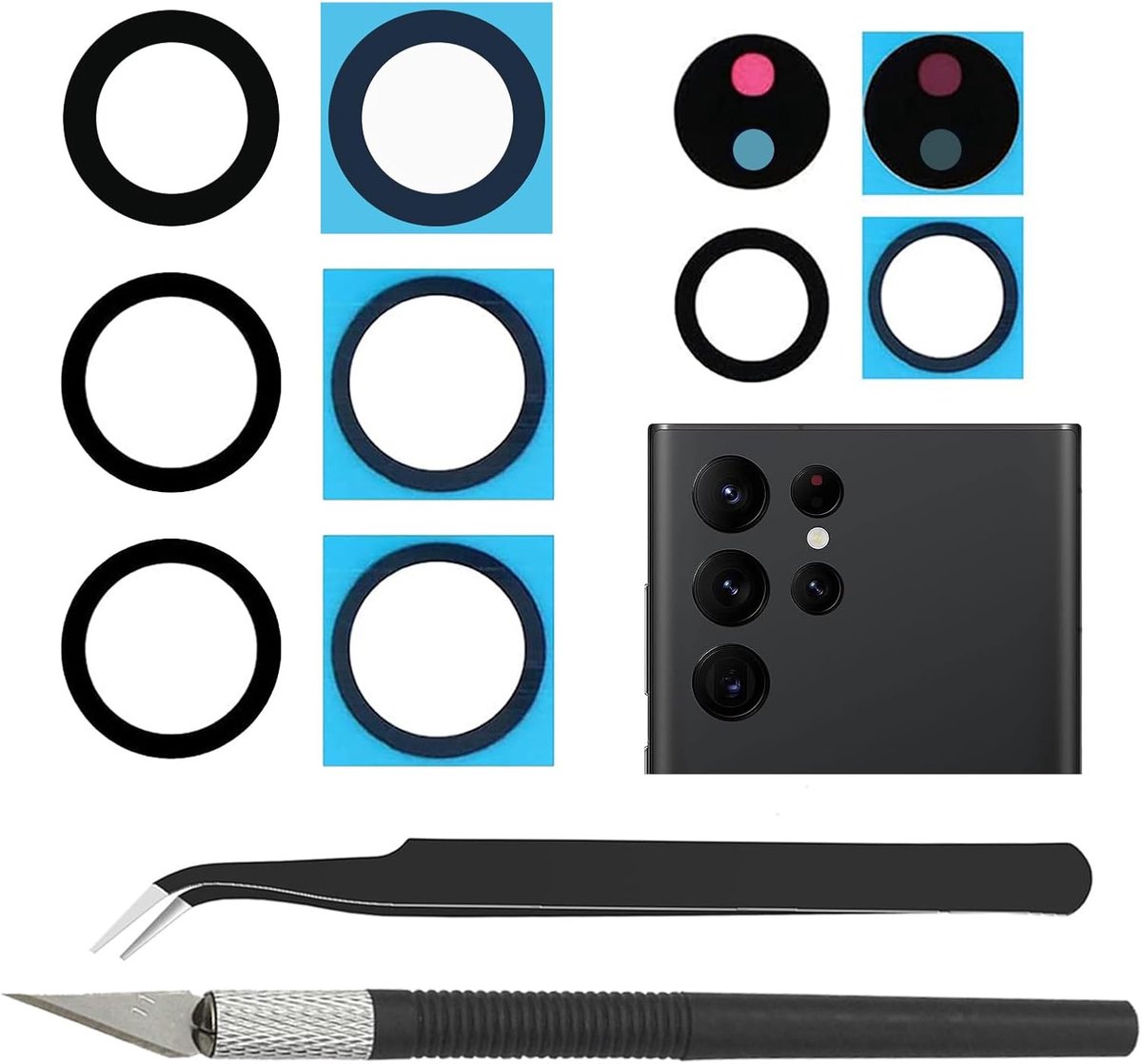 Camera Lens Glas Vervanging voor Samsung Galaxy S22 Ultra 6.8 inch 5G Alle dragers met vooraf geïnstalleerde lijm, Antistatische Pincet, Precisie Mes Reparatie Tool Kit