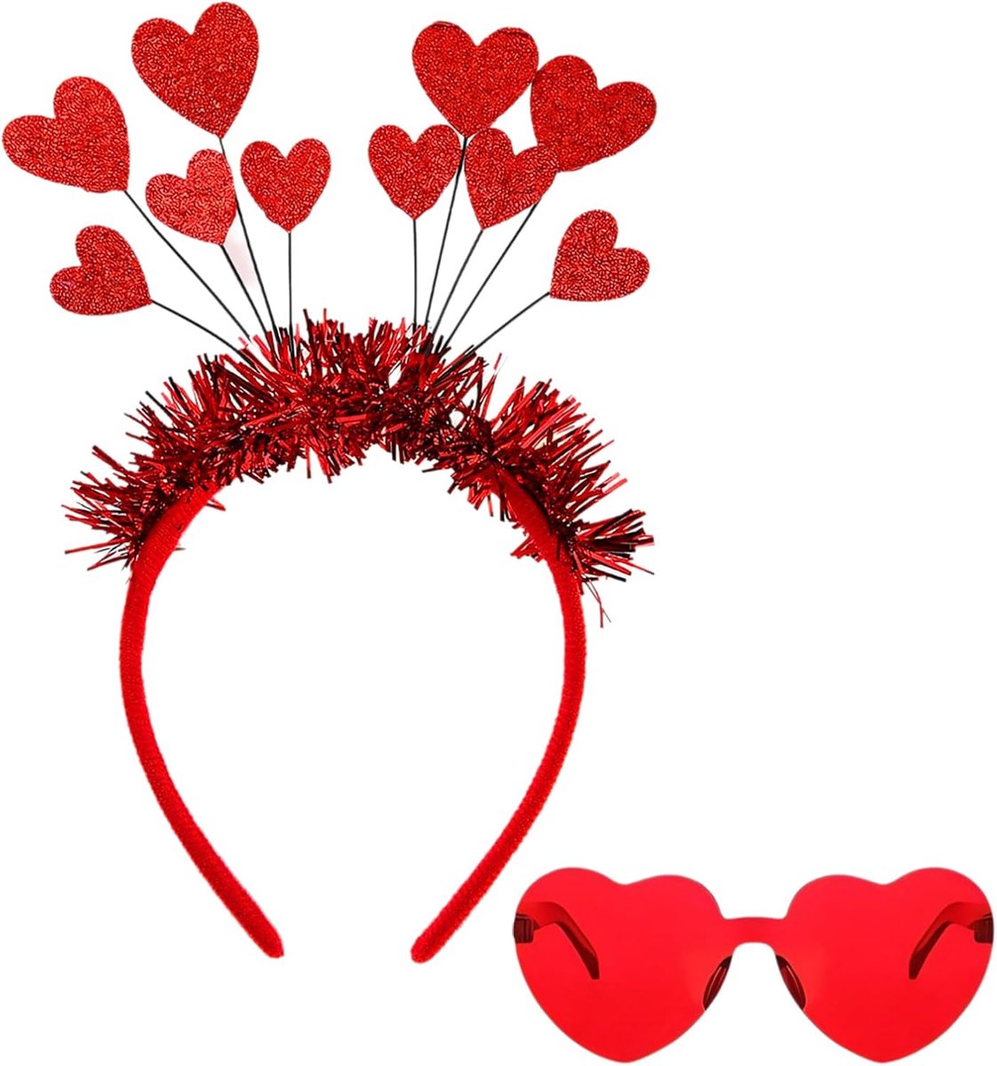 2 stuks hartbril rood en hart haarband set, Amor kostuum dames accessoires, glitter hart zonnebril, carnaval haarband hart, carnavalsbril, rood, liefdesfeestbril, voor Valentijnsdag, bruiloft,