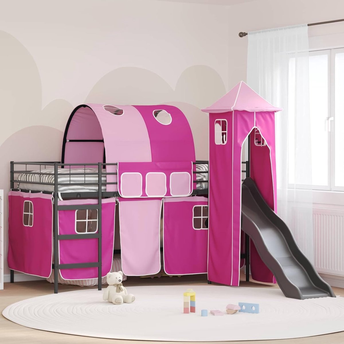Speelbed met gordijn glijbaan toren Zwart Roze 80 x 200 cm
