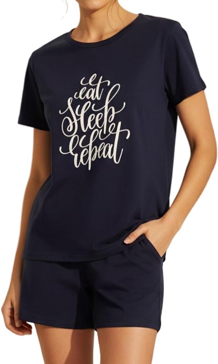 kort Eat Sleep Repeat van 100% katoen, in donkerblauw, donkerblauw, M