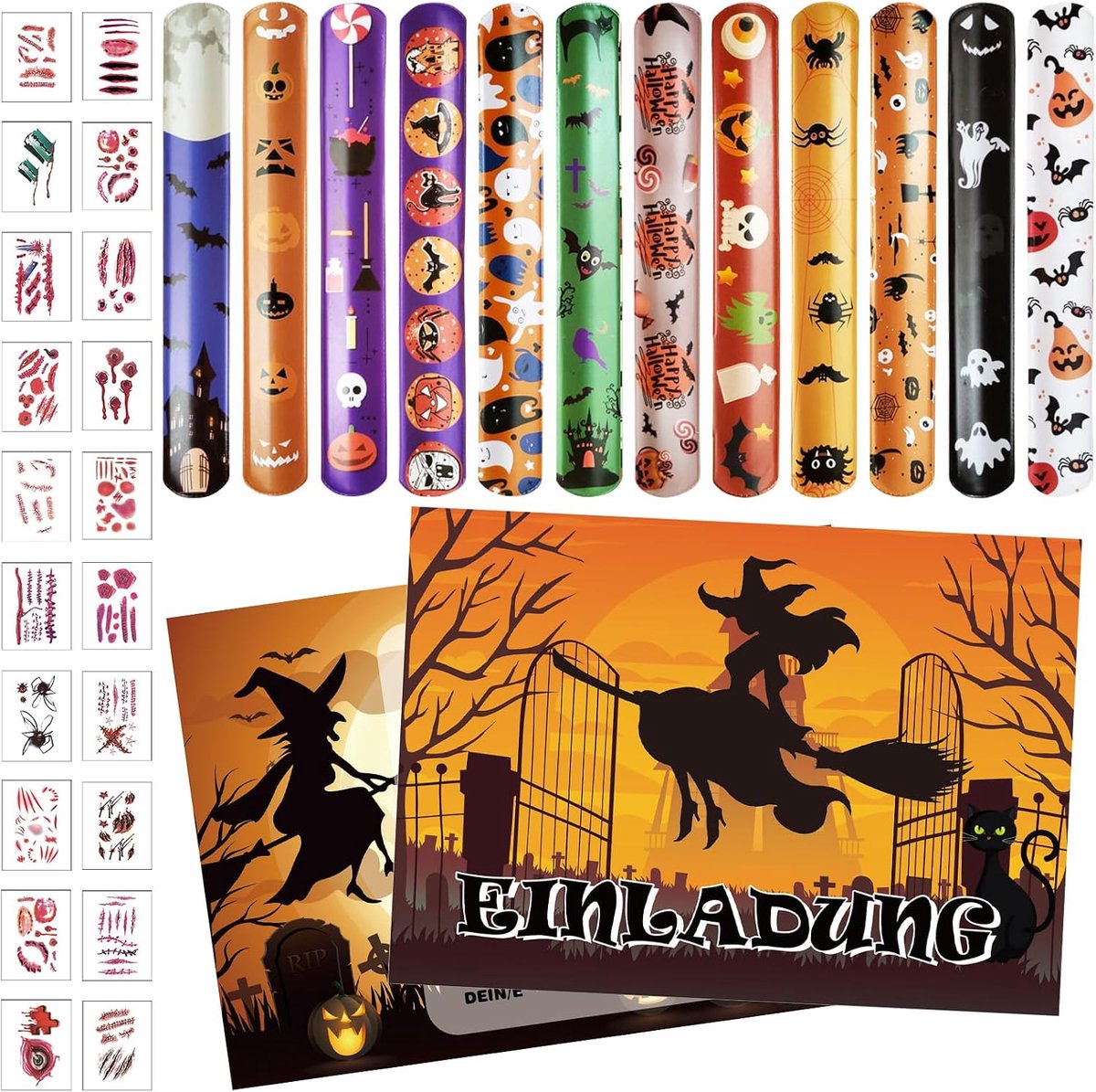 12 stuks Halloween uitnodigingskaarten, Halloween feestaccessoires, 12 stuks klikarmband voor kinderen en 20 tatoeagestickers, pompoen heks uitnodigingen voor een griezelig mooi Halloween-feest