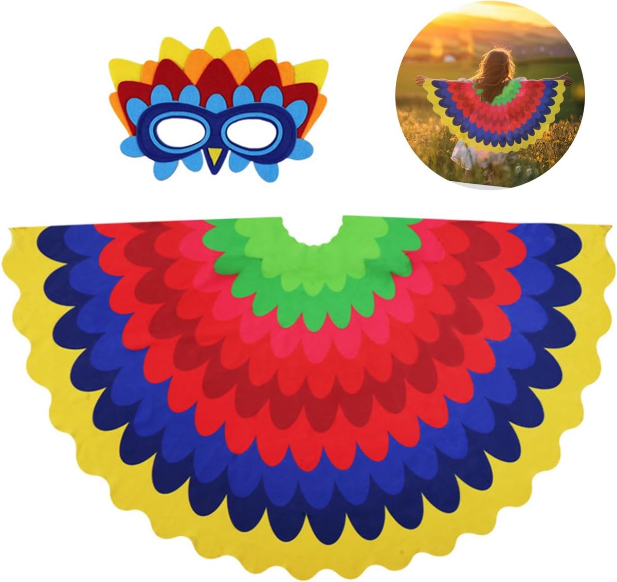 Kostuum papegaai kinderen, vogelvleugels voor kinderen, papegaai, vleugels, cape met papegaai-masker, voor 3-8 jaar, cosplay, party, Halloween outfits