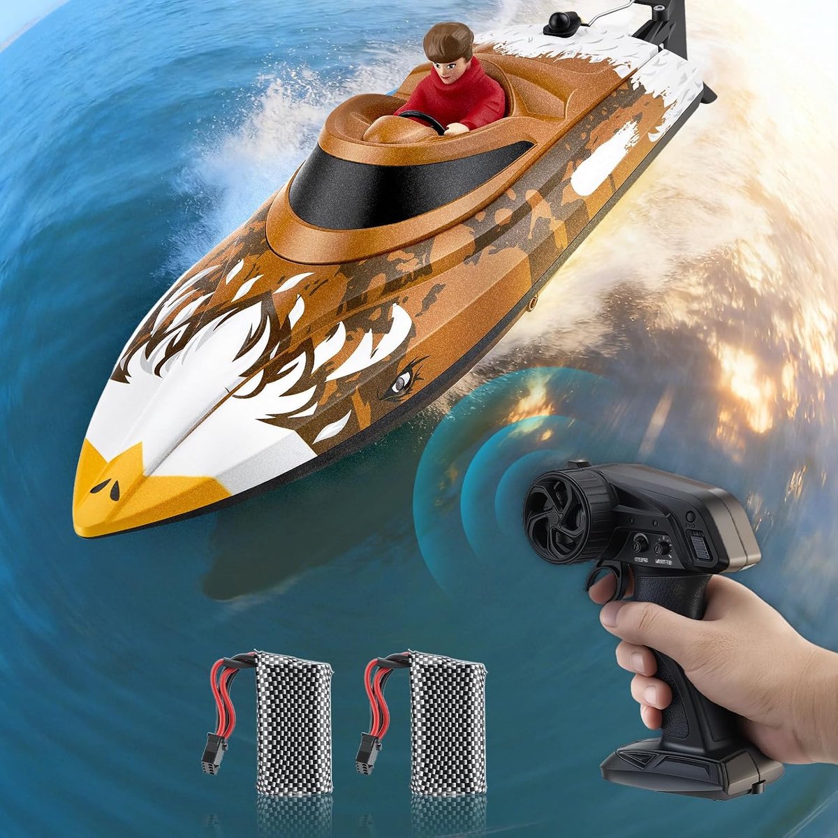 Afstand bestuurde boot met ledverlichting, RC-boot, 35 km/u, zelfoplichtend, 2 accu's, 2,4 GHz afstandsbediening, waterdicht en kenterbestendig, voor kinderen en volwassenen, zwembad en