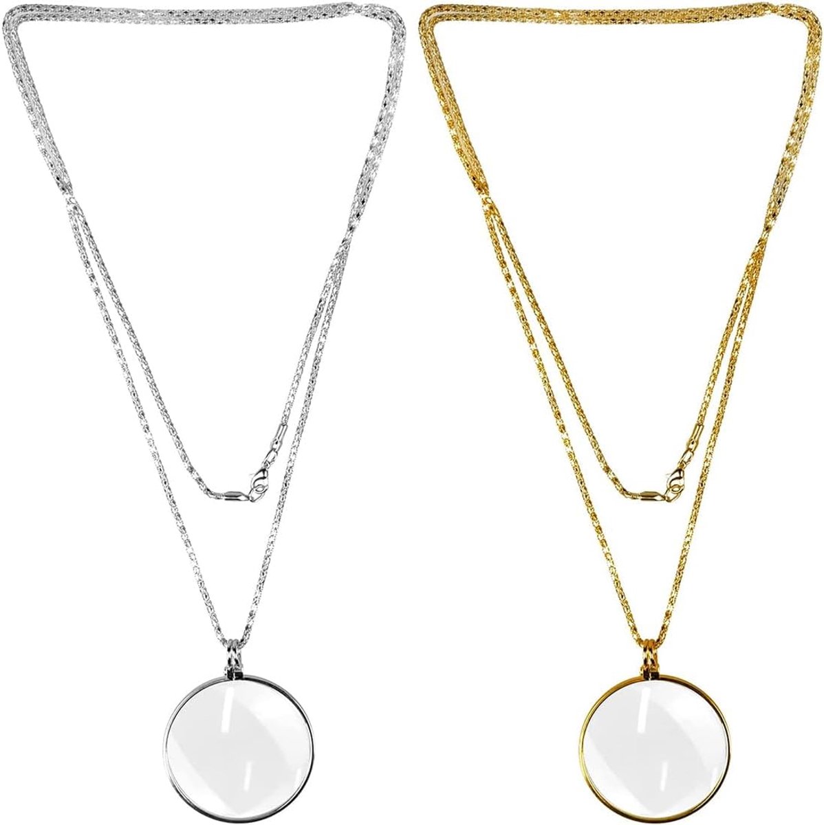 2 stuks, optische lenzenketting, 5-voudige glazen loep, sieraden voor het lezen van boeken, kranten, werk of reizen (goud)
