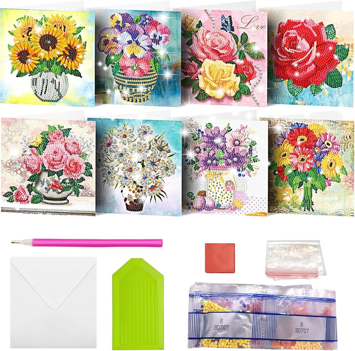 Set van 8 DIY Diamond Painting wenskaarten met envelop, diamantschilderij, blanco kunstkaarten voor verjaardag, Moederdag, Kerstmis, jubileum, oogstfeest, bloemen (14)