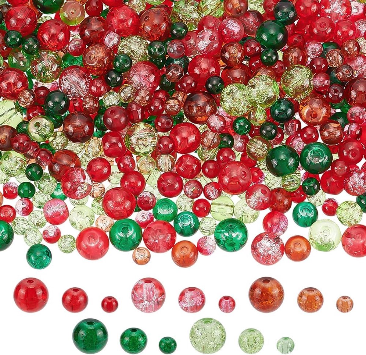 Kralen, 5 kleuren, kerstkralen, 4/6/8 mm, rood, groen, rond, losse afstandhouder, parel, bakken, geschilderde parel