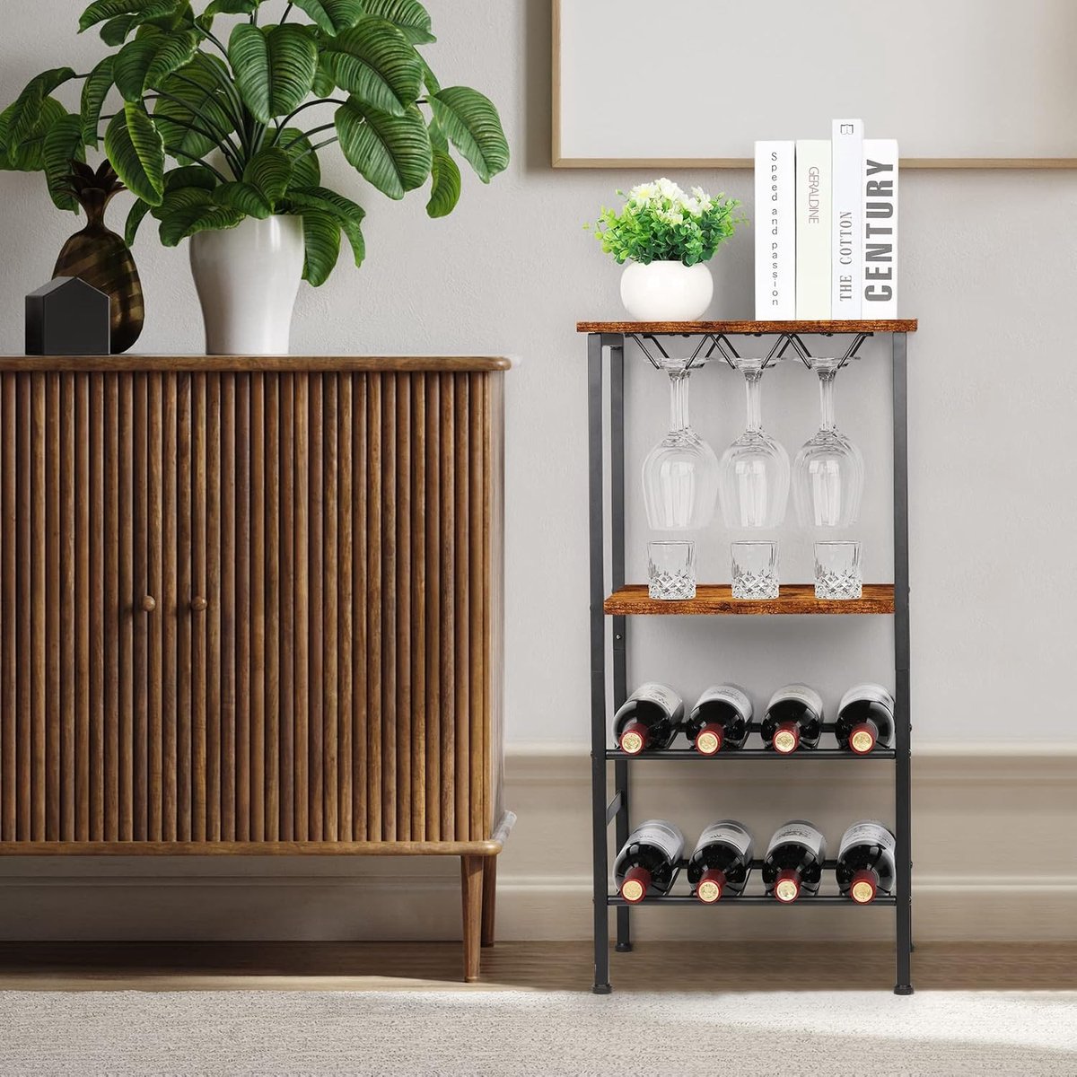 Wijnrek Vrijstaande Vloer Wijnbar Rack met Glazen Houder en Tafelblad 8 Fles Houten Wijntafels Met Rekken 4 Tier Wijnfles Organizer Display Opbergstandaard, Rustiek Bruin — cadeau in Cadeau-ideeën - foto 3