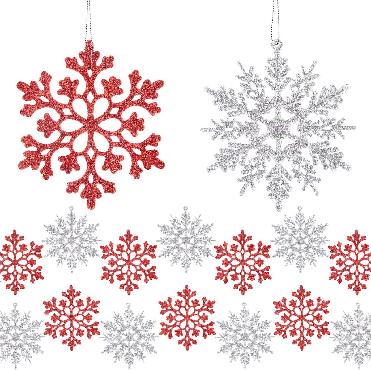 24 Stuks Kerst Sneeuwvlok Decoratie – Glitter Sneeuwvlokken om op te Hangen – Kerstboomversiering en Kersthangers voor Kerst en Feest – Wit en Rood