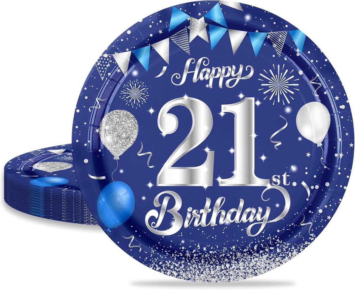 borden voor 21e verjaardag, 16 stuks, blauw met zilveren papieren borden voor meisjes en jongens 21e verjaardagsfeestje, 9 inch/23 cm papieren borden voor 21e verjaardag
